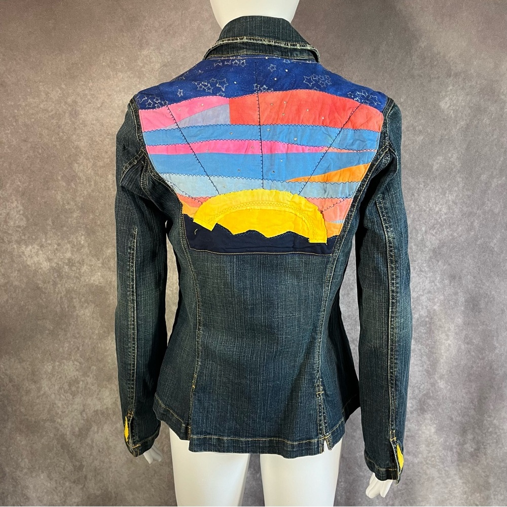 Jean Jacket Women Medium Blue Sunset Portrait Fitted Long Sleeve Denim Button Up